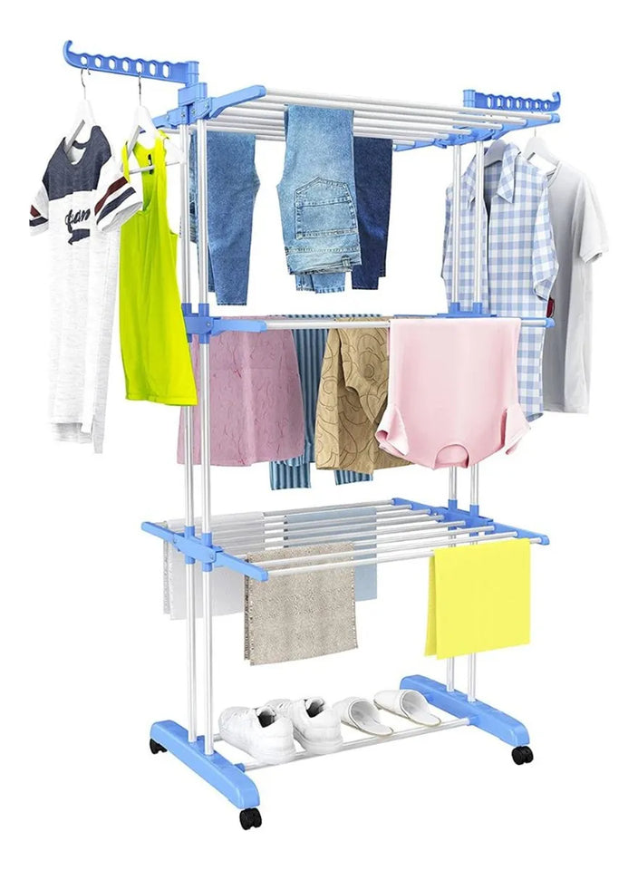 Tendedero para Ropa Plegable Portátil Retráctil Rack 3 Niveles Color Azul