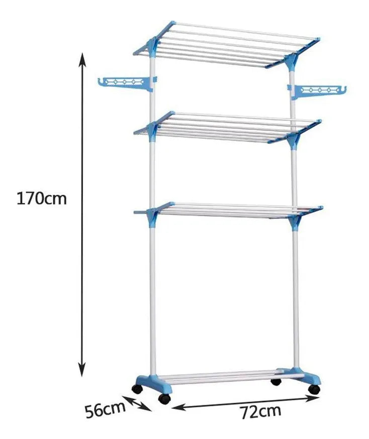 Tendedero para Ropa Plegable Portátil Retráctil Rack 3 Niveles Color Azul