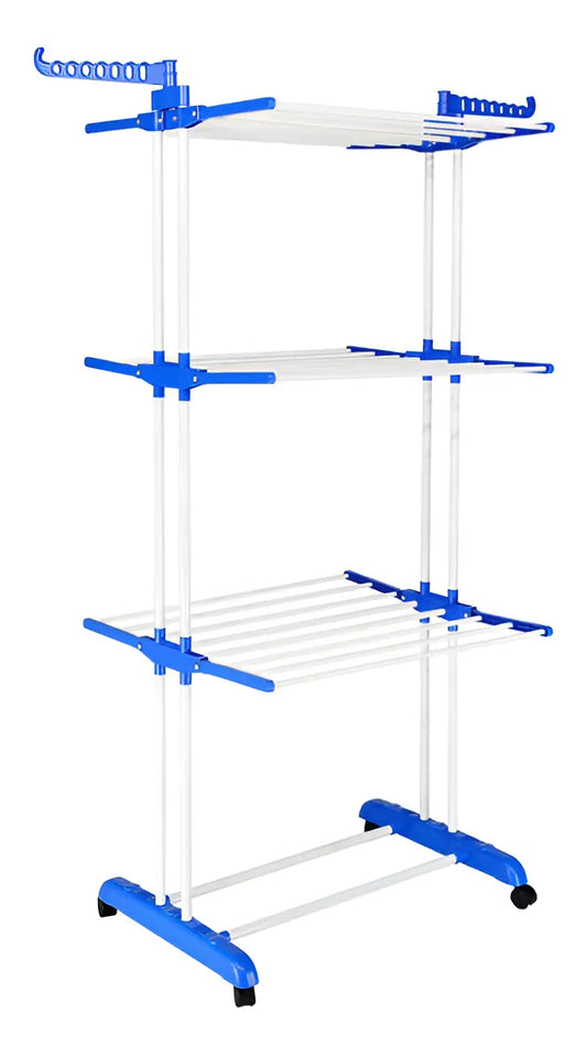 Tendedero para Ropa Plegable Portátil Retráctil Rack 3 Niveles Color Azul